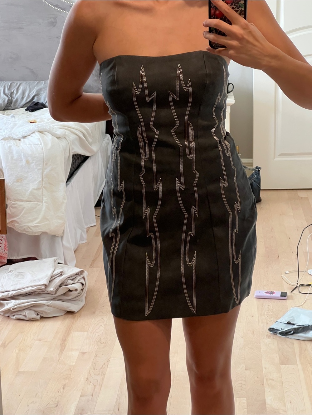 Strapless Black Pleather Western Mini Dress